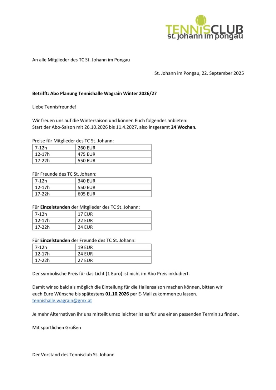 Wintersaison 2026/27 – Tennishalle Wagrain